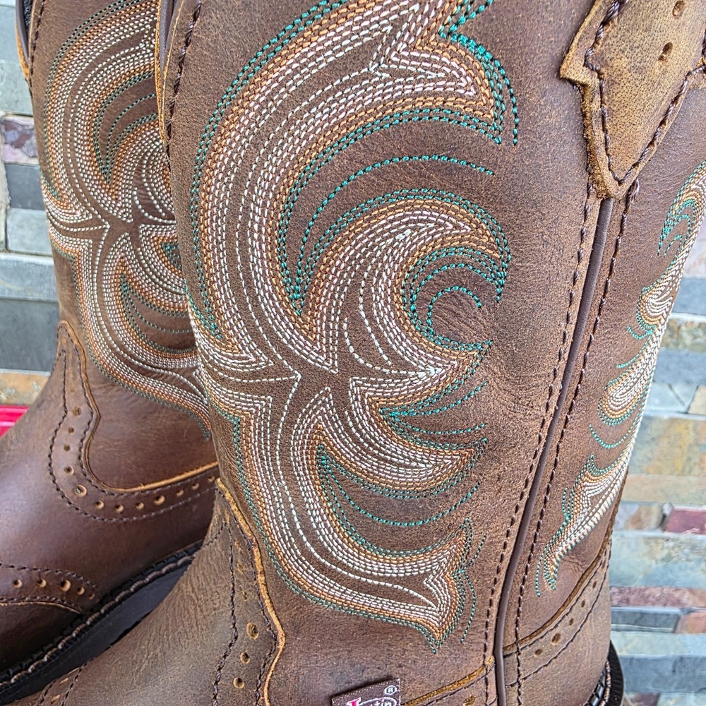 Justin Boots INJI Brown Water Buffalo Wide Square Toe Boots Size 6B GY9984 NEW - Picture 2 of 16